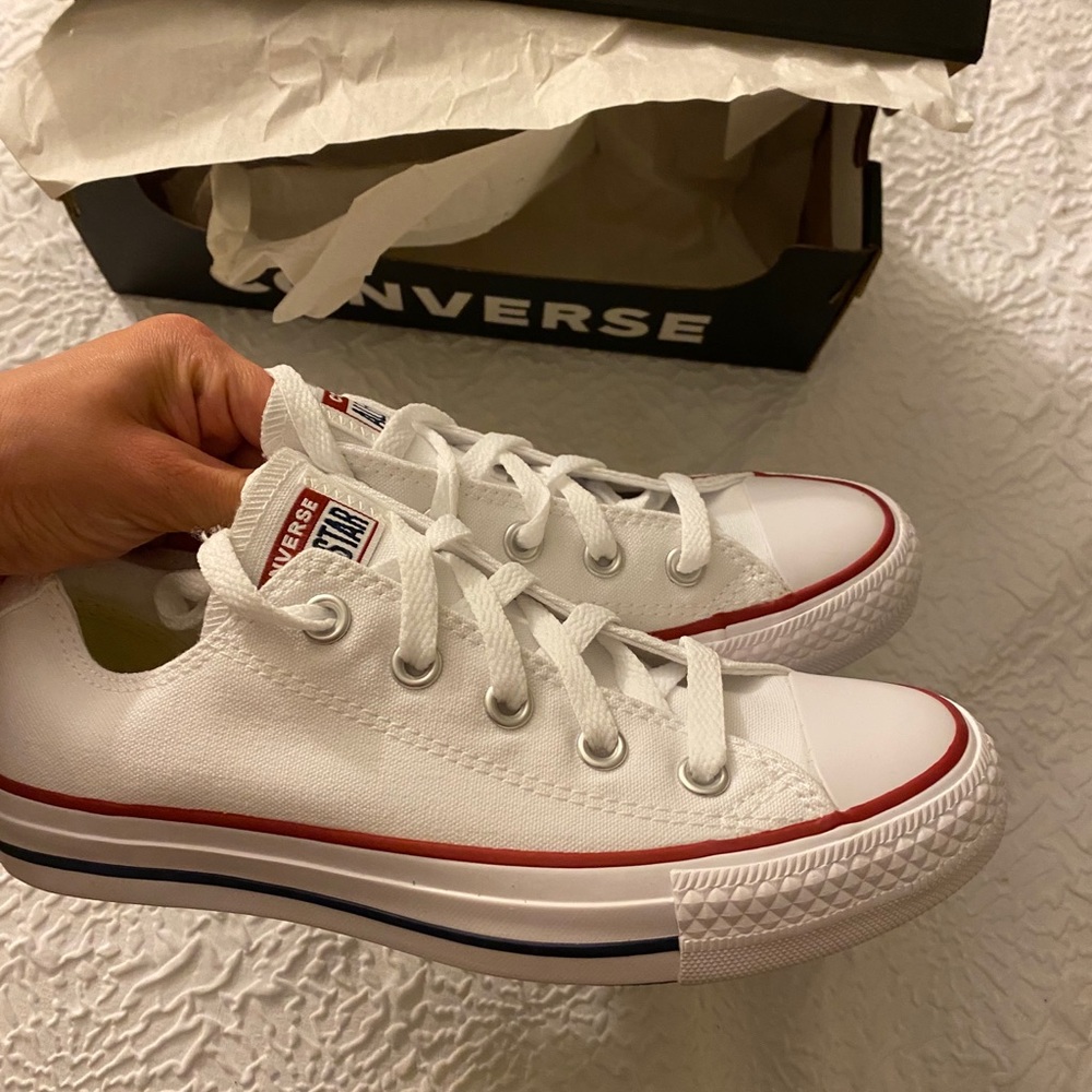 All white low top converse